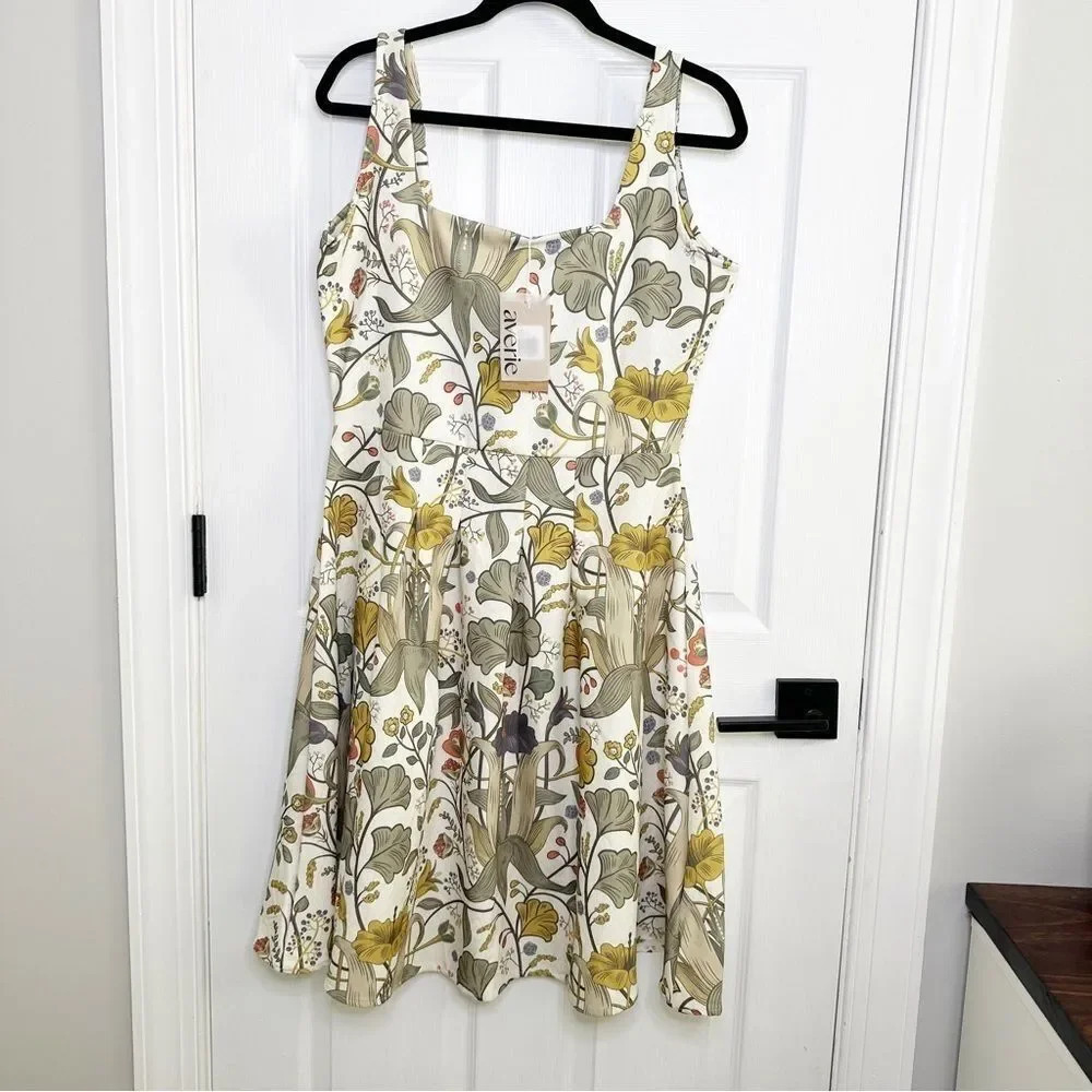 AVERIE Zaila Sleeveless Floral Print Botanical Pleated Midi Dress Size L NWT